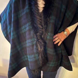 TALBOTS, XS/S , Black Watch Plaid Faux Fur Cape